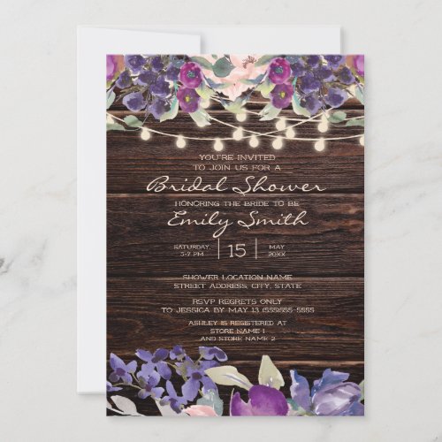 Rustic Wood String Lights Purple Floral Bridal Invitation