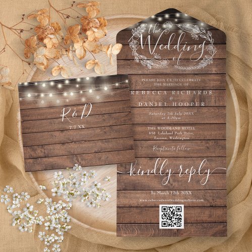 Rustic Wood String Lights QR Code Floral Wedding All In One Invitation
