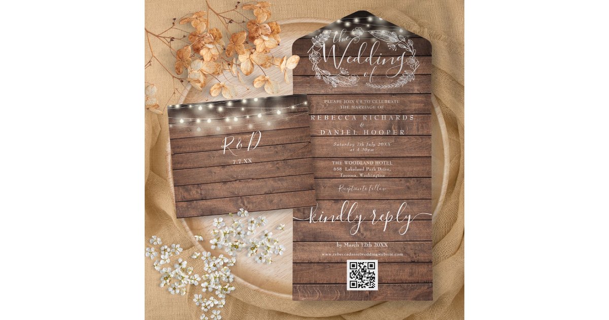 Rustic Wood String Lights QR Code Floral Wedding All In One Invitation ...
