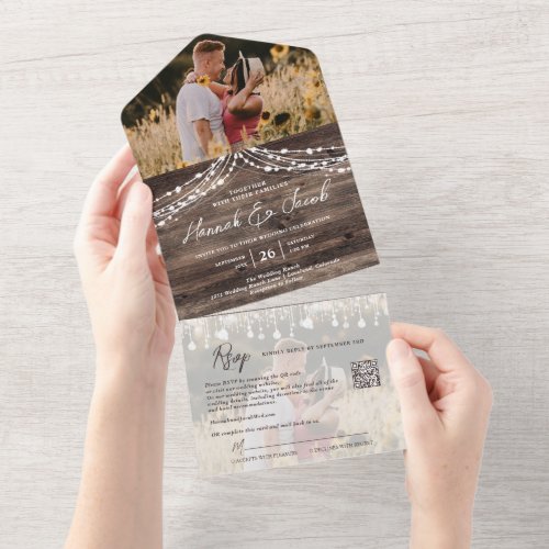 Rustic Wood String Lights QR Code RSVP Wedding All In One Invitation