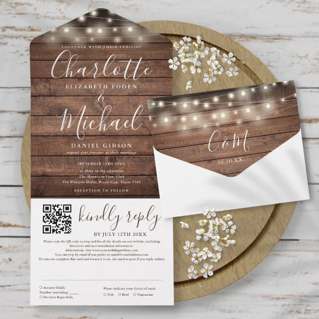 Rustic Wood String Lights QR Code Wedding All In One Invitation | Zazzle