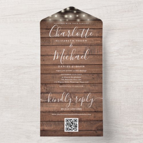 Rustic Wood String Lights QR Code Wedding  All In One Invitation