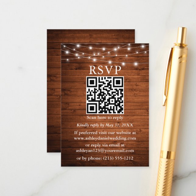 Rustic Wood String Lights QR Wedding RSVP Enclosure Card (Front/Back In Situ)