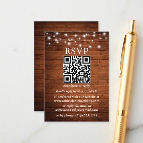 Rustic Wood String Lights QR Wedding RSVP Enclosure Card