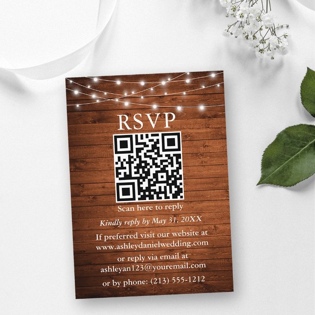 Rustic Wood String Lights QR Wedding RSVP Enclosure Card (Customize with your QR code image and text.)
