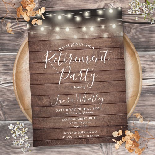Rustic Wood String Lights Retirement Party Invitation