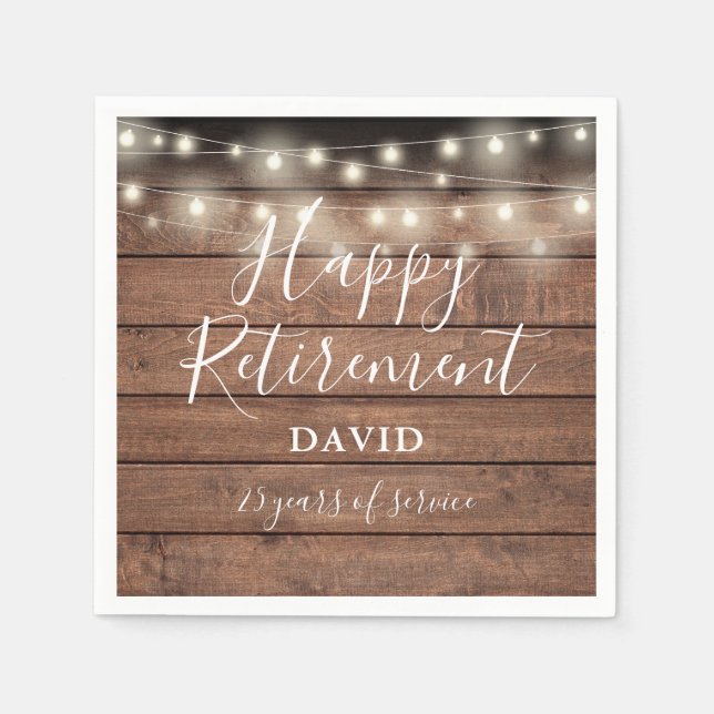 Rustic Wood String Lights Retirement Party Napkins (Front)