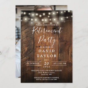 Rustic Wood String Lights Retirement Party Photo Invitation