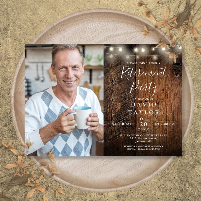 Rustic Wood String Lights Retirement Party Photo Invitation (Rustic Wood String Lights Retirement Party Photo Invitation)