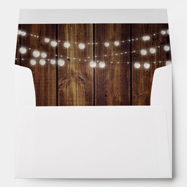 Rustic Wood String Lights Return Address Wedding Envelope (Back (Bottom))
