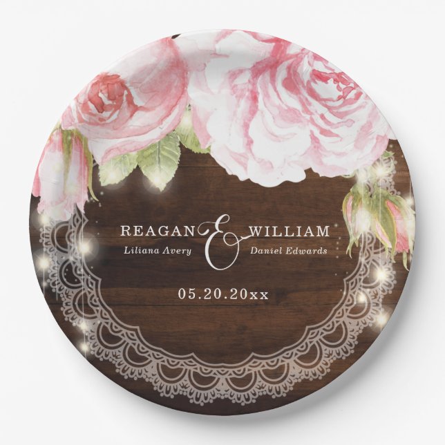 Rustic Wood String Lights Roses Wedding Custom Paper Plates (Front)