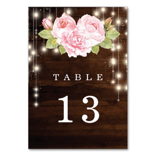 Rustic Wood String Lights Roses Wedding Table Number