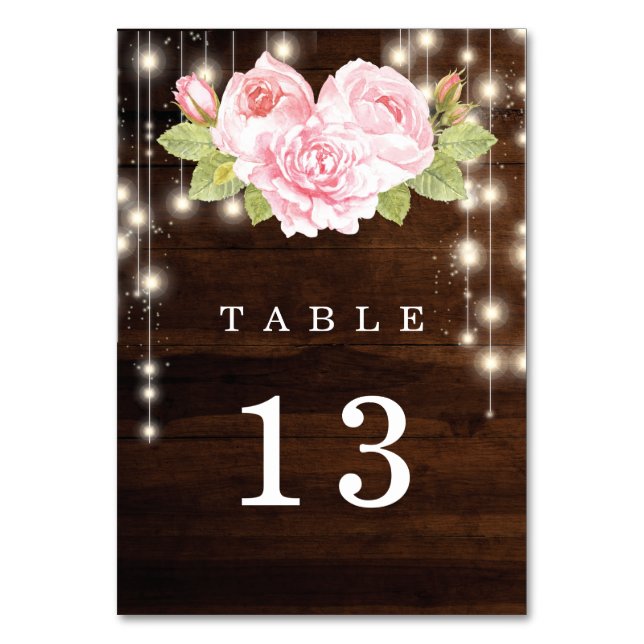 Rustic Wood String Lights Roses Wedding Table Number (Front)
