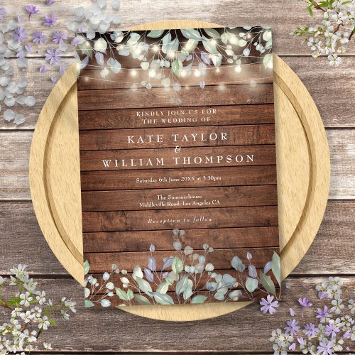 Rustic Wood String Lights Sage Lilac Wedding  Invitation