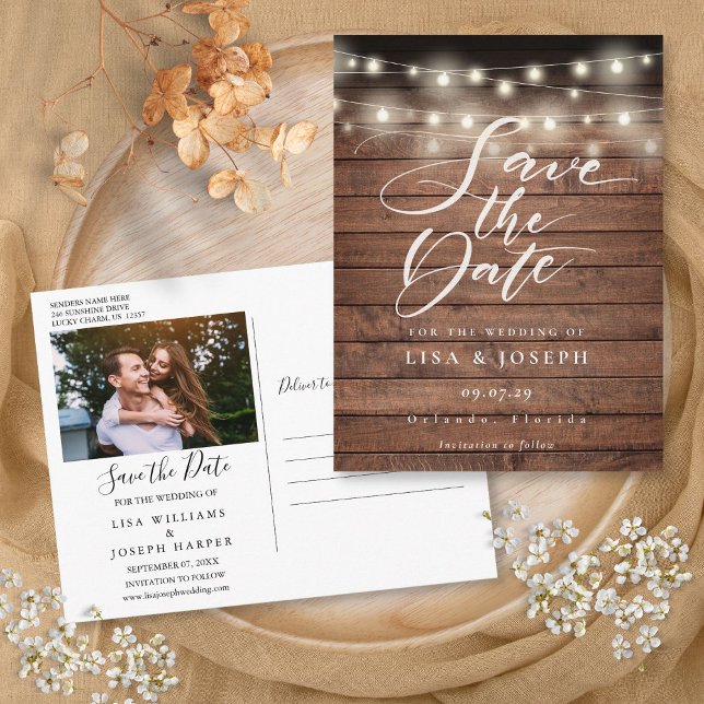Rustic Wood String Lights Save the Date Photo Postcard (Rustic Wood String Lights Save the Date Photo Postcard)