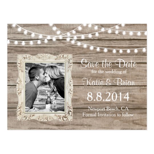 Rustic Wood String Lights Save The Date Postcard