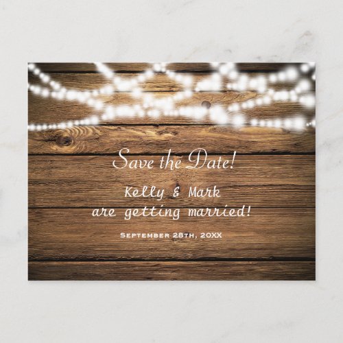 Rustic Wood  String Lights Save The Date Postcard