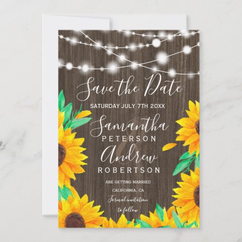Rustic wood string lights save the date wedding