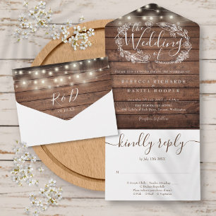 Rustic Wood String Lights Script Floral Wedding All In One Invitation
