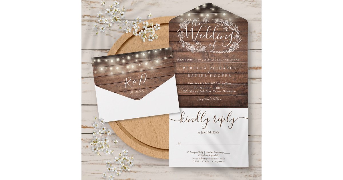 Rustic Wood String Lights Script Floral Wedding All In One Invitation ...