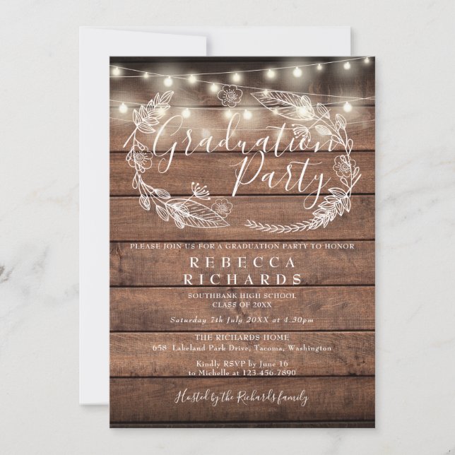 Rustic Wood String Lights Script Graduation Party Invitation (Front)