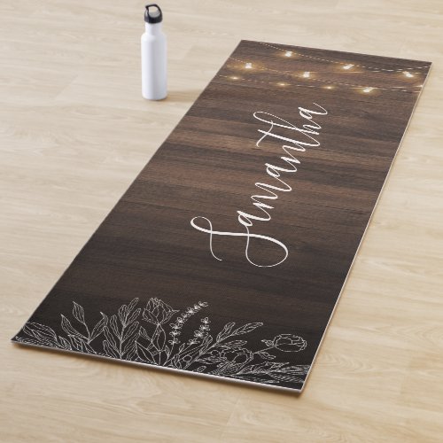 Rustic Wood String Lights Script Personalized Yoga Mat