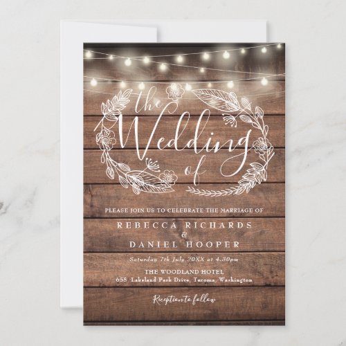 Rustic Wood String Lights Script Photo Wedding Invitation