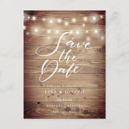 Rustic Wood String Lights Script Save the Date Pos Postcard