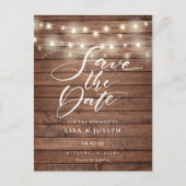 Rustic Wood String Lights Script Save the Date Postcard (Front)