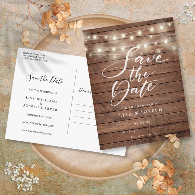 Rustic Wood String Lights Script Save the Date Postcard | Zazzle