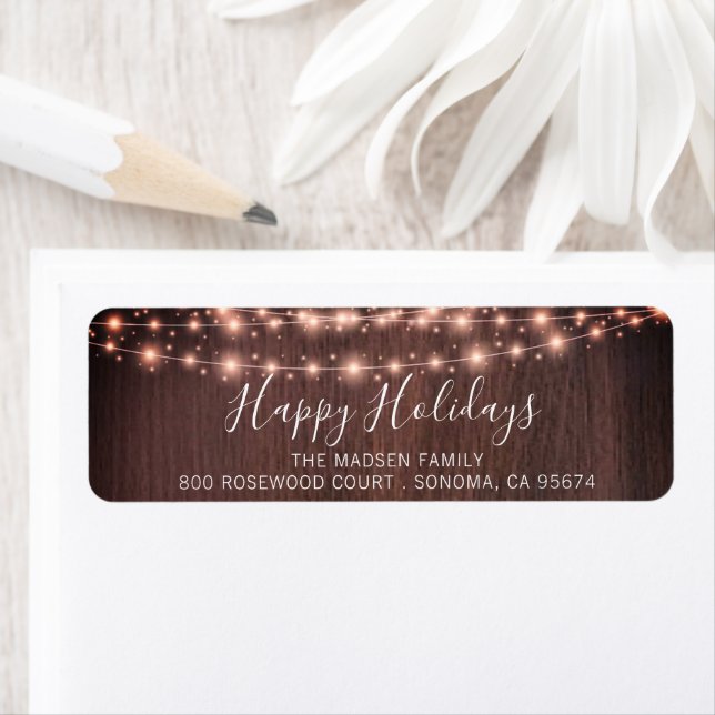 Rustic Wood String Lights Script Type Holiday Label (Insitu)