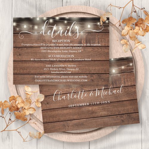 Rustic Wood String Lights Script Wedding Details Enclosure Card