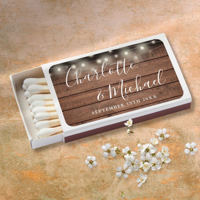 Rustic Wood String Lights Script Wedding Favors Matchboxes (Rustic Wood String Lights Script Wedding Favors Matchboxes)
