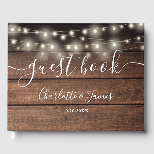Rustic Wood String Lights Script Wedding Guest Book