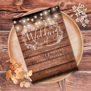 Rustic Wood String Lights Script Wedding Invitation