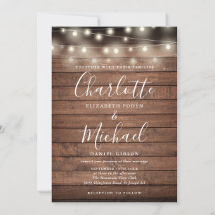 Rustic Wood String Lights Script Wedding Invitation