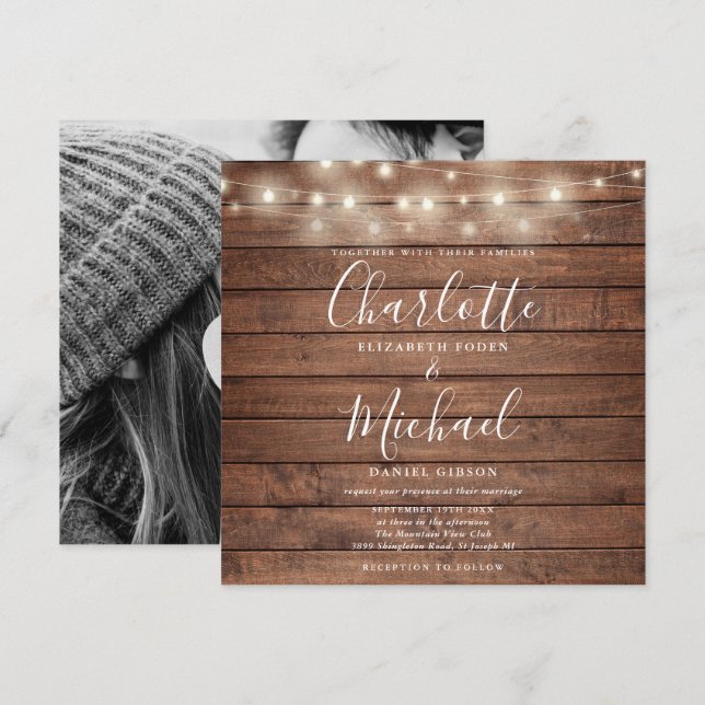 Rustic Wood String Lights Script Wedding Photo Invitation (Front/Back)