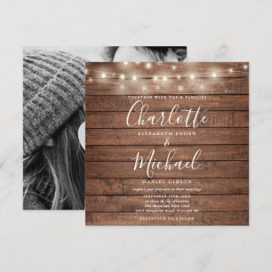 Rustic Wood String Lights Script Wedding Photo Invitation