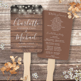 Rustic Wood String Lights Script Wedding Program Hand Fan