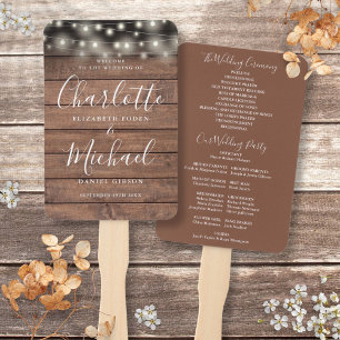 Rustic Wood String Lights Script Wedding Program Hand Fan