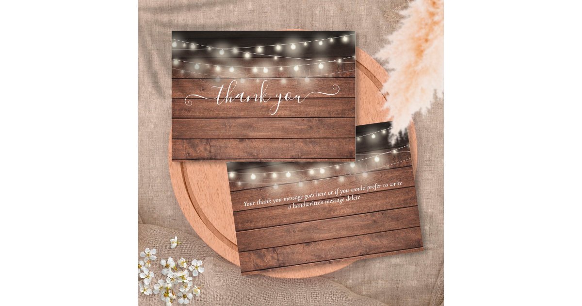 Rustic Wood String Lights Script Wedding Thank You Card | Zazzle