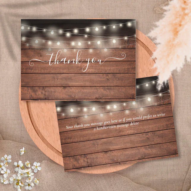 Rustic Wood String Lights Script Wedding Thank You Card | Zazzle