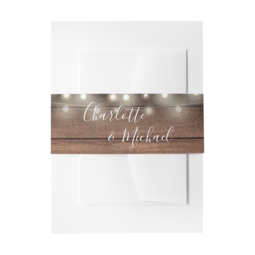 Rustic Wood String Lights Signature Script Invitation Belly Band