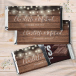 Rustic Wood String Lights Signature Script Wedding Hershey Bar Favors<br><div class="desc">Elegant wedding design personalized with signature style names and your special wedding date on a rustic wood and string lights background. Designed by Thisisnotme©</div>