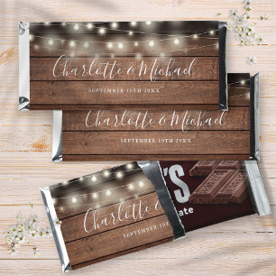 Rustic Wood String Lights Signature Script Wedding Hershey Bar Favors