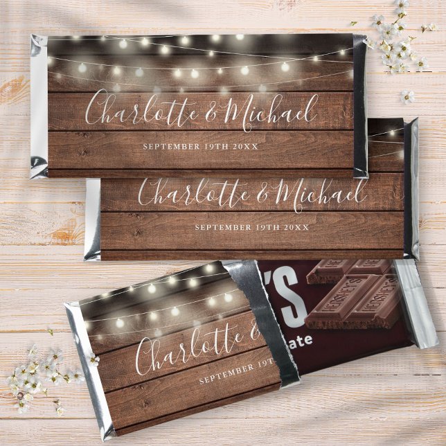 Rustic Wood String Lights Signature Script Wedding Hershey Bar Favors (Rustic Wood String Lights Signature Script Wedding Hershey Bar Favors)