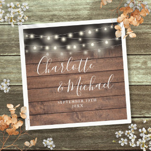 Rustic Wood String Lights Signature Script Wedding Napkins