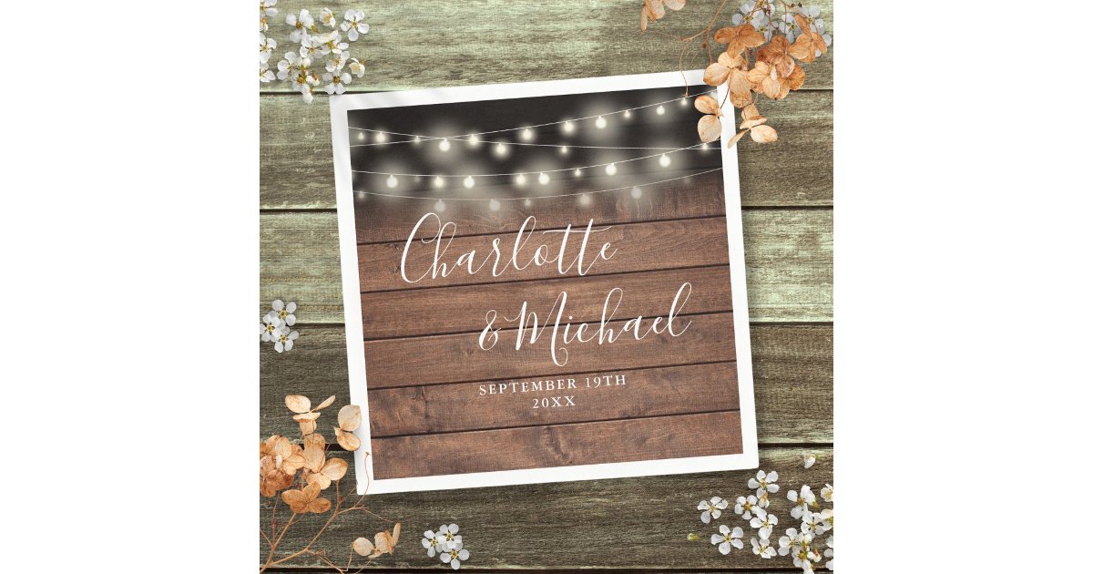 Rustic Wood String Lights Signature Script Wedding Napkins | Zazzle