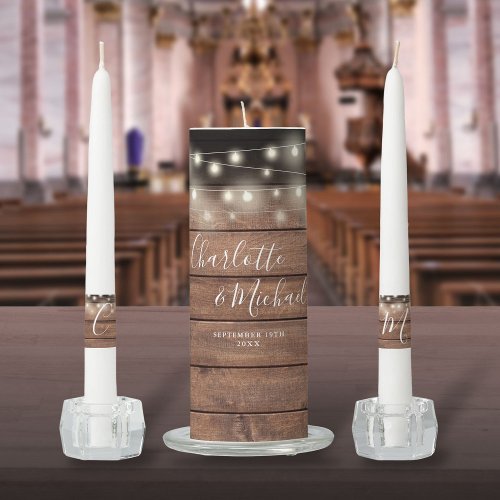 Rustic Wood String Lights Signature Script Wedding Unity Candle Set