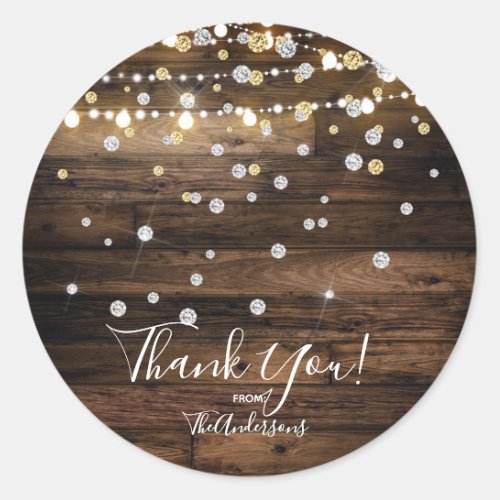 Rustic Wood  String Lights Silver Gold Confetti Classic Round Sticker